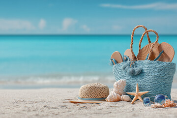 Beach bag with accessories on sandy shore