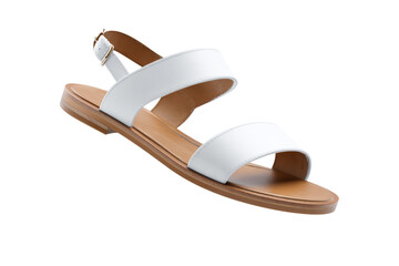 A white sandal with a strap and a buckle