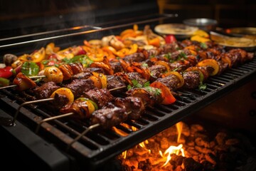 Delicious grilled skewers featuring a variety of colorful vegetables and meats sizzling on a BBQ grill, inviting a sense of summer gatherings and culinary delight with vibrant food.