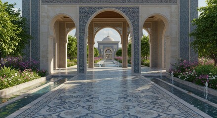 Obraz premium Serene Pathway to a Mosque: Architectural Marvel in a Tranquil Garden