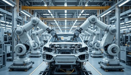 Automated Car Assembly Line Robots Building Modern Vehicle in Factory