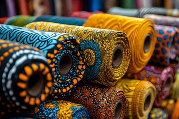 African fabric rolls, market.