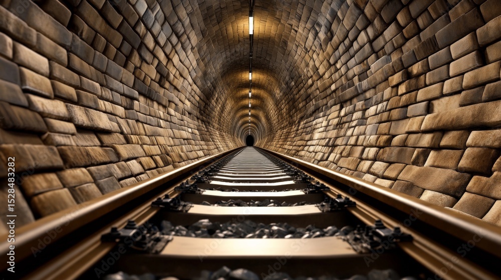 Poster view of a railway tunnel with curved brick walls and metal tracks extending into the distance