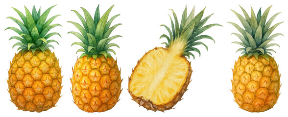 PNG Vibrant watercolor pineapples illustration, element set on transparent background