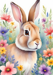 Blooming Bunny: A cute bunny surrounded by vibrant flowers. This lovely watercolor illustration conveys the fresh and happy feeling.