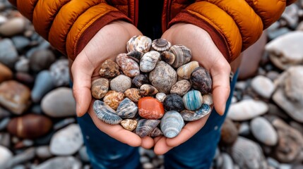 Person holding a variety of colorful pebbles and stones in their hands on a rocky beach