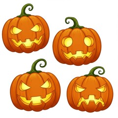 Four Jack-o'-Lantern Pumpkins Halloween Illustration