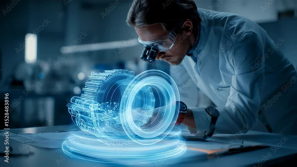 Poster automotive engineer wearing magnifying glasses is using augmented reality software and a tablet to d