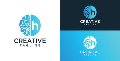 Brain Logo, combination of brain and initial letter H, flat design logo template, vector illustration