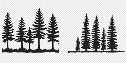 Obraz premium Set Trees. Hand Drawn Vector Illustration – Stylized Pine Tree Silhouettes, Minimalist Forest Design with Conical Shapes, Black on White, Simple Symmetrical Nature Graphic