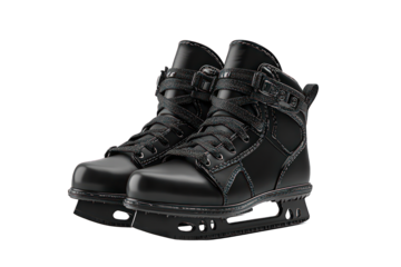 Pair of sleek black ice skates on black background