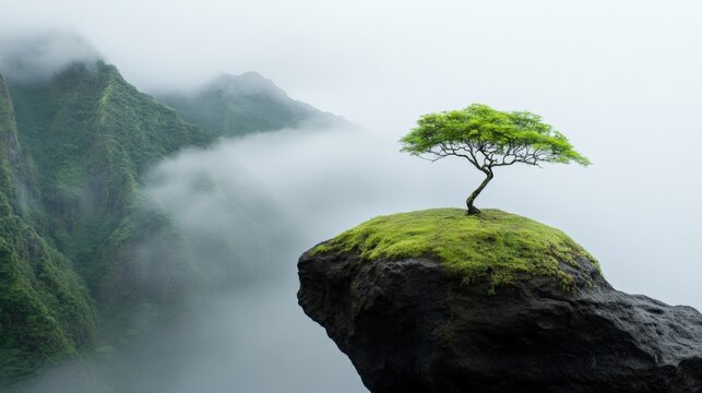 Fototapeta A solitary tree grows on a moss-covered rock ledge overlooking misty mountains