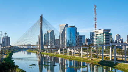 Urban cityscape with a cable-stayed bridge in São Paulo city.