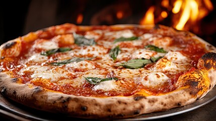 A mouthwatering pizza hot from the oven, topped with fresh basil and melted cheese, bringing the essence of Italian cuisine right to the dining table.