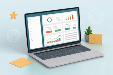 A 3D illustration of an open laptop showcasing an email interface on its screen. Concept of Marketing Automation: Converting Leads via Email.