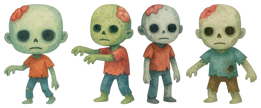 PNG Cute watercolor zombie characters, element set on transparent background
