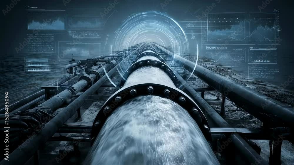 Poster water flowing inside industrial pipeline with advanced digital overlay, visualizing data analysis an