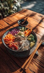Vibrant and Healthy Asian-Inspired Bowl with Fresh Vegetables and Noodles