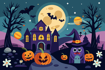 Spooky Halloween Night Scene with Haunted House