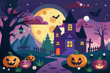 Fototapeta premium Spooky Halloween Night Scene with Haunted Castle