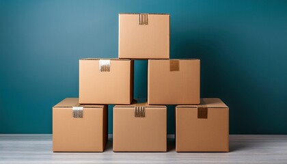 a six cardboard boxes are stacked in pyramid formation showcasing their sturdy construction and brown color boxes are sealed with tape indicating readiness for shipping or storage