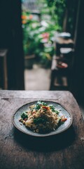 Delicious Asian Noodle Dish Served on Rustic Wooden Table with Lush Greenery Background