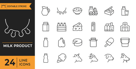 Dairy and milk products Outline icon set. Editable stroke. Vector illustration