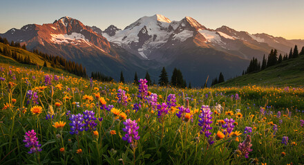 Obraz premium High-Altitude Alpine Wildflowers Against Snow-Capped Peaks