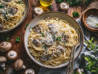 Delicious Creamy Mushroom Pasta with Parmesan Cheese and Fresh Herbs