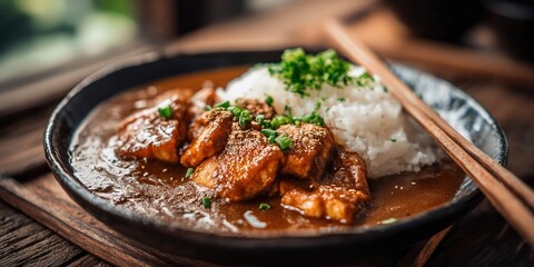 Delicious Chicken Curry with Rice Garnished with Fresh Chives on a Rustic Table