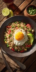 Delicious Fried Rice with Egg, Peas, and Fresh Vegetables on Rustic Wooden Table