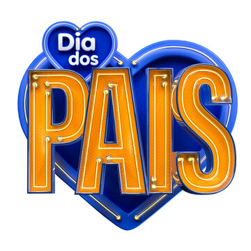 Selo Dia dos Pais com cora&ccedil;&atilde;o azul e letras laranjas em 3d render com fundo transparente
