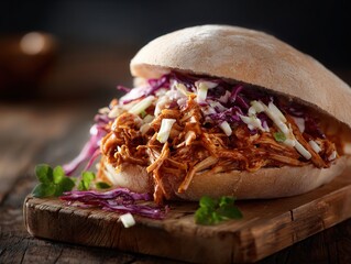 Delicious Pulled Pork Sandwich with Fresh Coleslaw on a Rustic Wooden Board