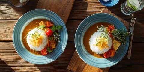 Delicious Asian Curry with Rice and Fresh Vegetables Served on Wooden Table
