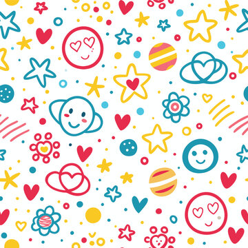 Childlike pattern featuring stars, hearts, smiley faces, planets, and flowers in vibrant colors