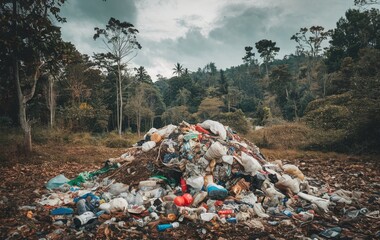 A large pile of garbage in the forest