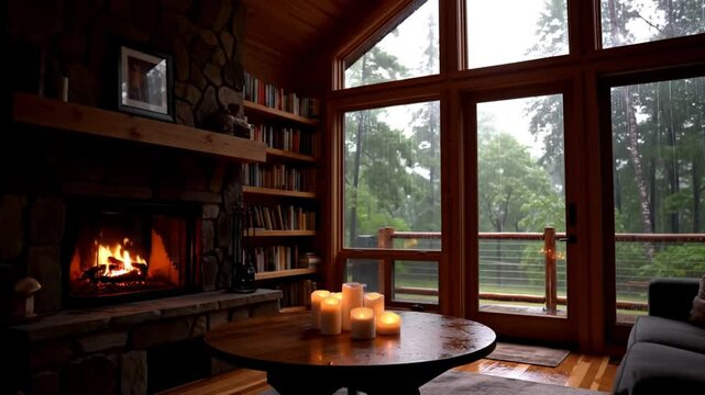 Cozy rustic living room with fireplace and forest view during rainy weather. Interior atmosphere concept Seamless looping 4k time-lapse animation video background