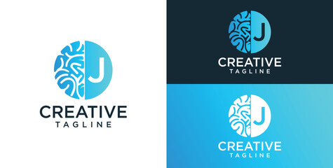 Brain Logo, combination of brain and initial letter J, flat design logo template, vector illustration