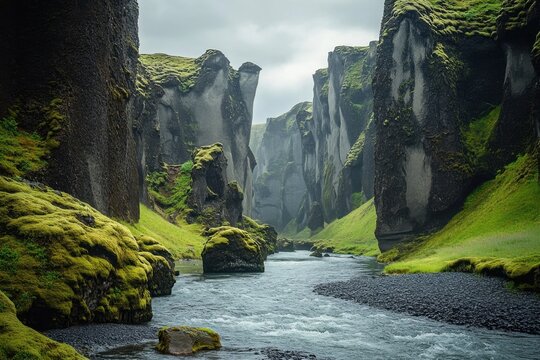 fjords in Iceland features green, moss-covered rocks and a river flowing through a canyon Generative AI