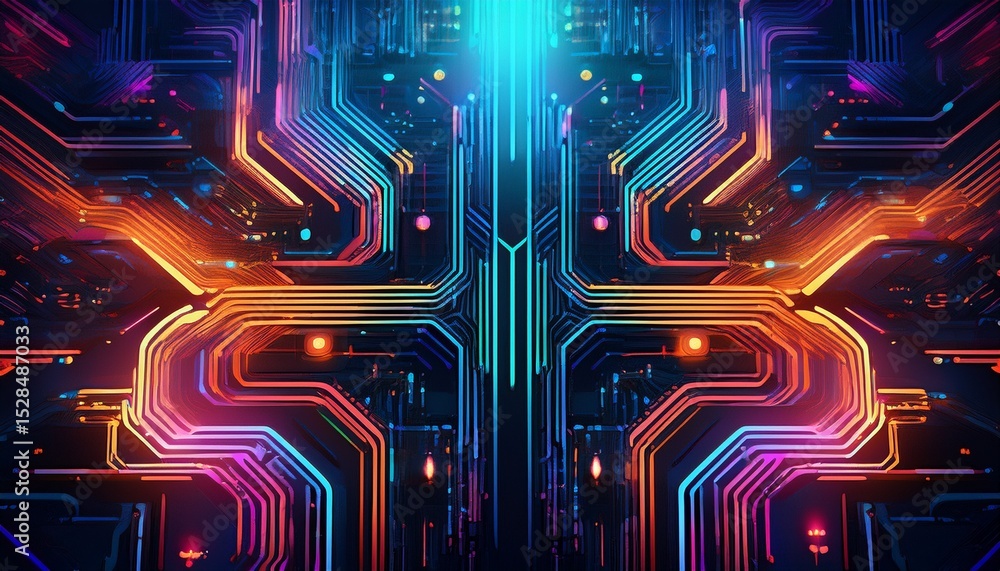 Poster futuristic circuitry forming a complex pattern of colorful lights
