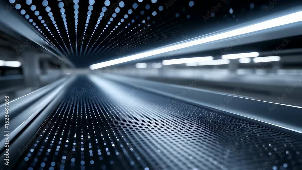 Poster digital data stream flows along a futuristic moving walkway in a modern subway, representing the fas