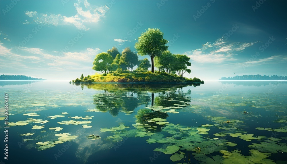 Aufkleber tranquil scene of a small island with trees and lily pads in a calm lake with a soft green and blue 