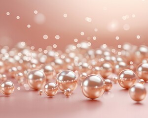 A soft pink background features numerous lustrous pearls of varying sizes, creating a sense of depth and luxury.  The pearls reflect light, adding to their radiant appearance