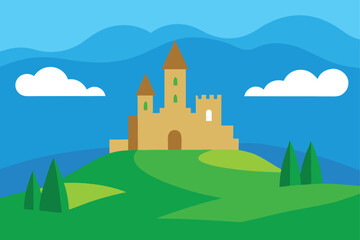 Naklejka premium Cartoon Castle on Green Hill – Flat Design Vector of Fairytale Fortress Landscape Illustration Background.