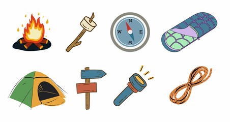 Colorful camping icons in hand-drawn style, consisting of fire, marshmallow, compass, sleeping bag, tent, signpost, flashlight, and rope.