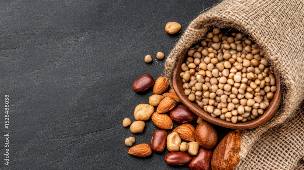 Poster assorted nuts and chickpeas spilling from a burlap sack on a dark surface