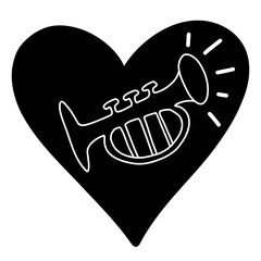 Cute hand drawn trumpet band icon doodle vector illustration in black white heart love shape sketch modern minimalist happy world music musical musician instrument day png clipart sticker logo icon