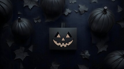 Minimalist Black Jack-o'-Lantern Pumpkins on Dark Background with Autumn Leaves – Modern Halloween Concept.
