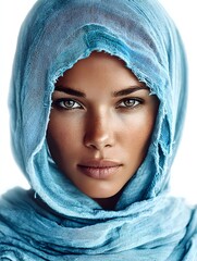 Fototapeta premium Portrait of a beautiful woman with striking green eyes wea a light blue traditional headscarf lovingly.