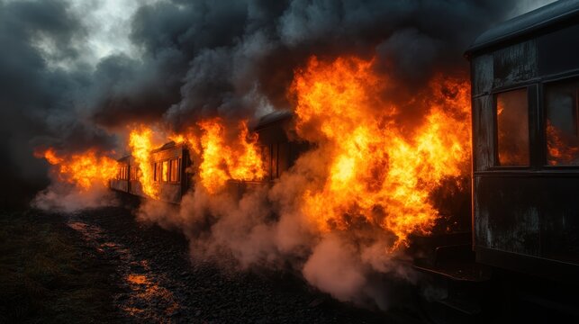 A powerful and dramatic image of a train engulfed in flames and smoke, evoking emotions of chaos and destruction, a striking visual metaphor for loss and upheaval.